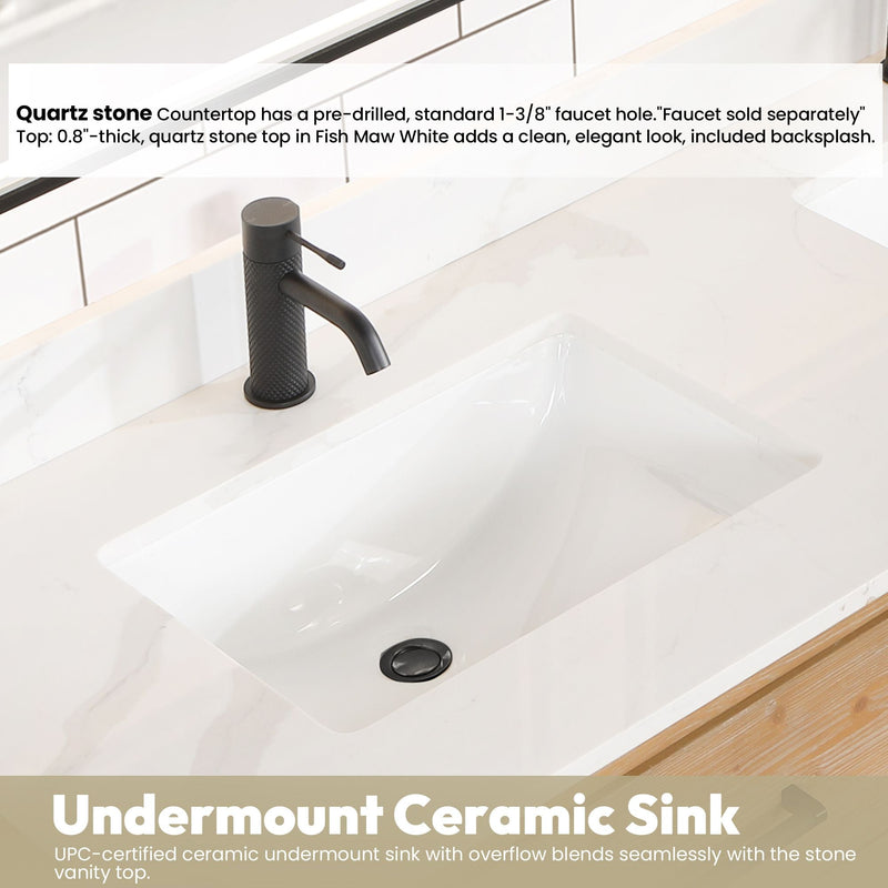 Vinnova 706660M-FN-BK Cristo 60M" Floating Double Bath Vanity in Fir Wood Brown with Fish Maw White Quartz Stone Top