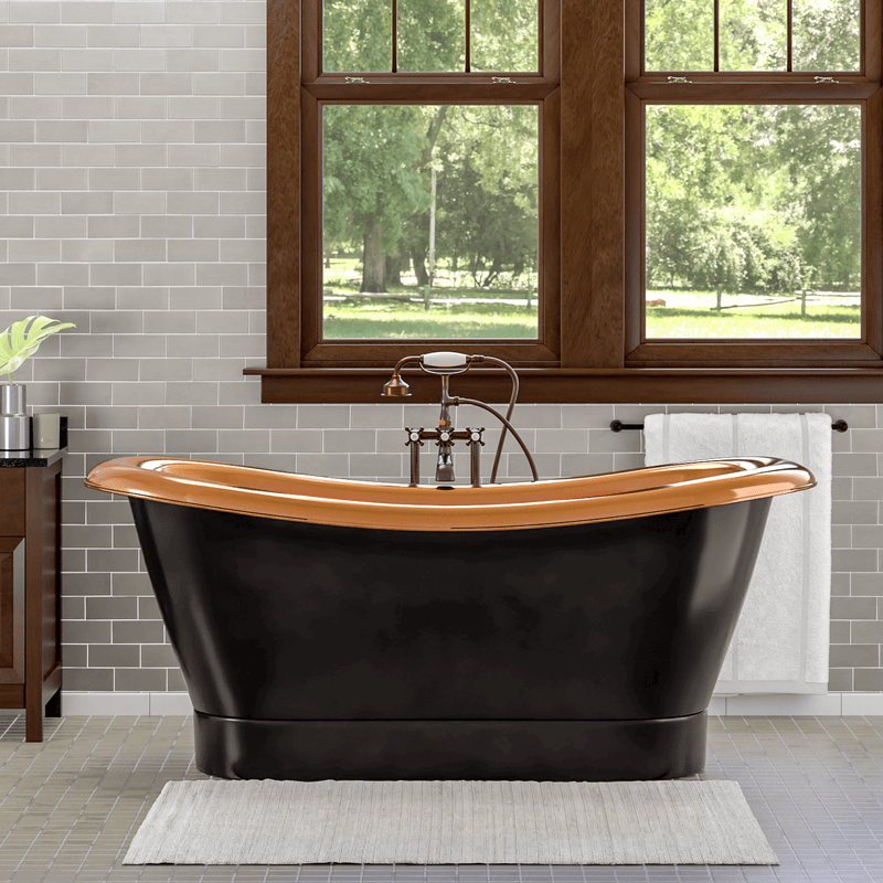 Magnus 117090 70" Kalida Antique Black Copper Double-Slipper Roll-Top Pedestal Tub - Polished Interior