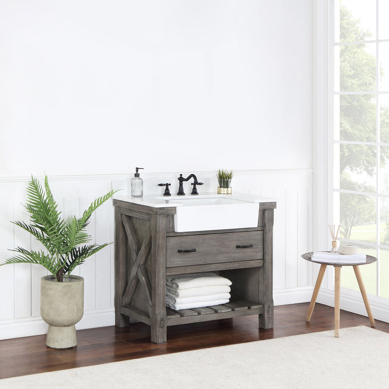 Vinnova 701636-CR-GW Villareal 36" Single Vanity in Classical Grey with Composite Stone Top in White, White Farmhouse Basin
