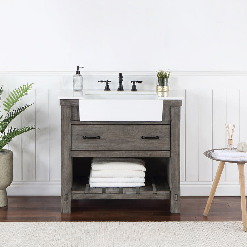 Vinnova 701636-CR-GW Villareal 36" Single Vanity in Classical Grey with Composite Stone Top in White, White Farmhouse Basin