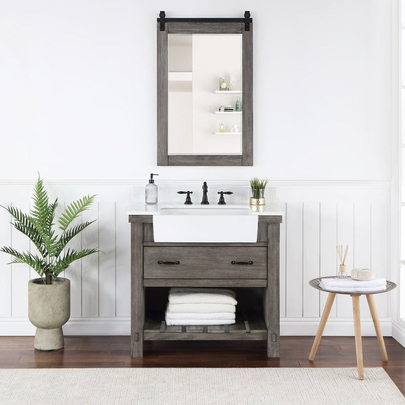 Vinnova 701636-CR-GW Villareal 36" Single Vanity in Classical Grey with Composite Stone Top in White, White Farmhouse Basin