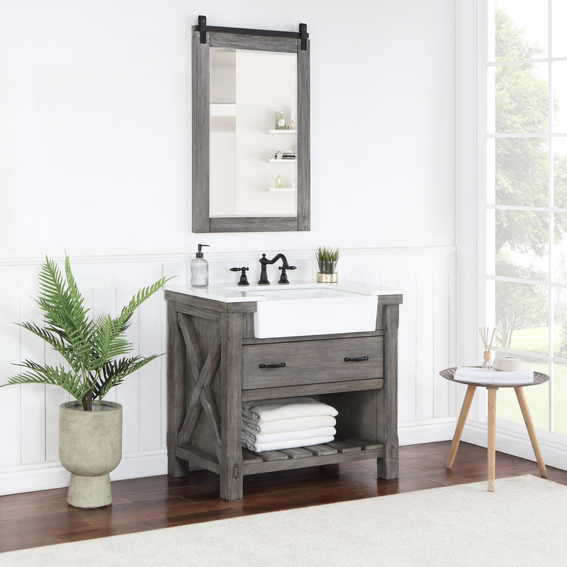 Vinnova 701636-CR-GW Villareal 36" Single Vanity in Classical Grey with Composite Stone Top in White, White Farmhouse Basin