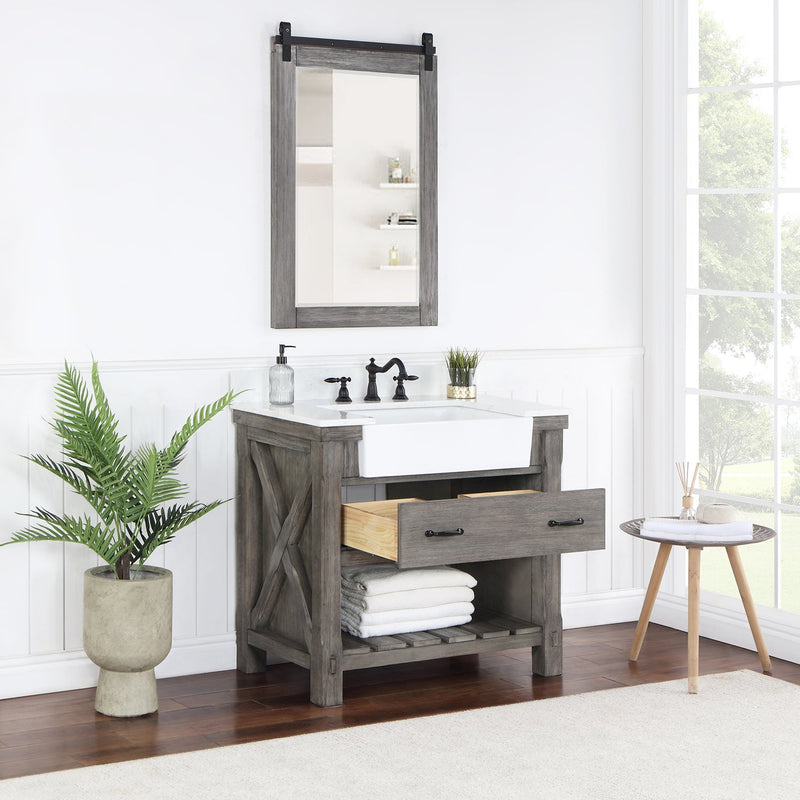 Vinnova 701636-CR-GW Villareal 36" Single Vanity in Classical Grey with Composite Stone Top in White, White Farmhouse Basin