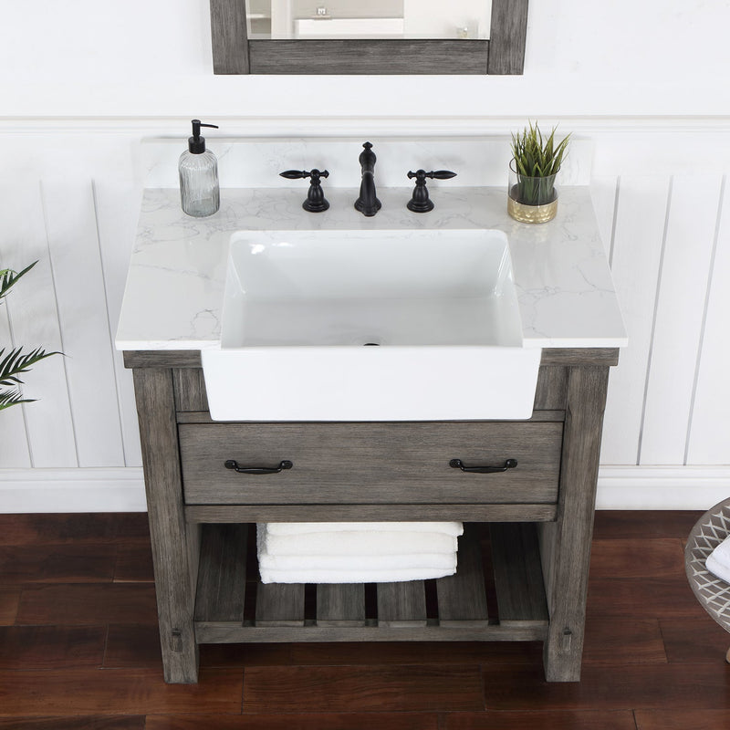 Vinnova 701636-CR-GW Villareal 36" Single Vanity in Classical Grey with Composite Stone Top in White, White Farmhouse Basin
