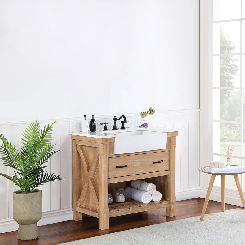 Vinnova 701636-WP-GW Villareal 36" Single Vanity in Weathered Pine with Composite Stone Top in White, White Farmhouse Basin