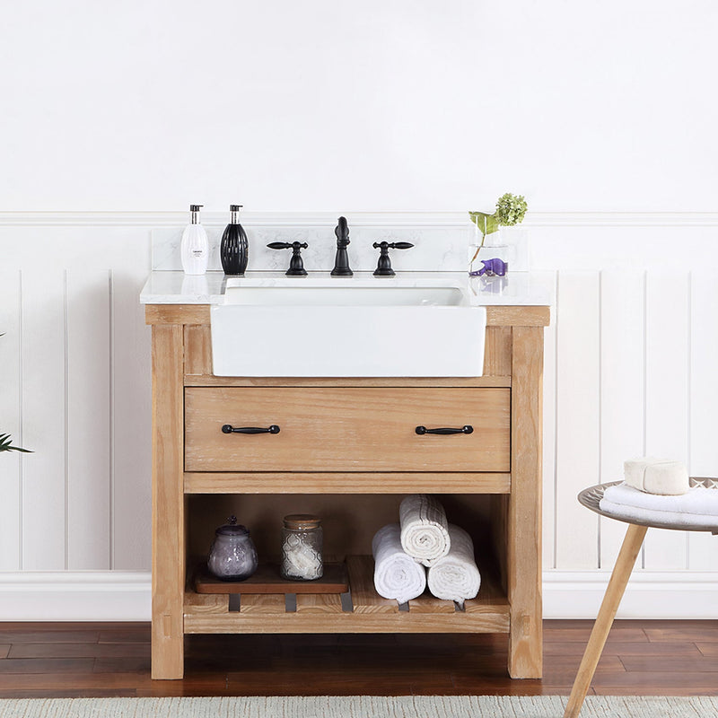 Vinnova 701636-WP-GW Villareal 36" Single Vanity in Weathered Pine with Composite Stone Top in White, White Farmhouse Basin