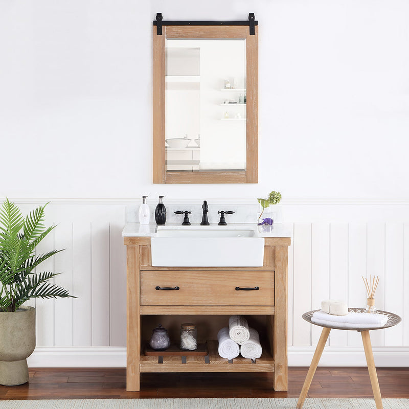 Vinnova 701636-WP-GW Villareal 36" Single Vanity in Weathered Pine with Composite Stone Top in White, White Farmhouse Basin