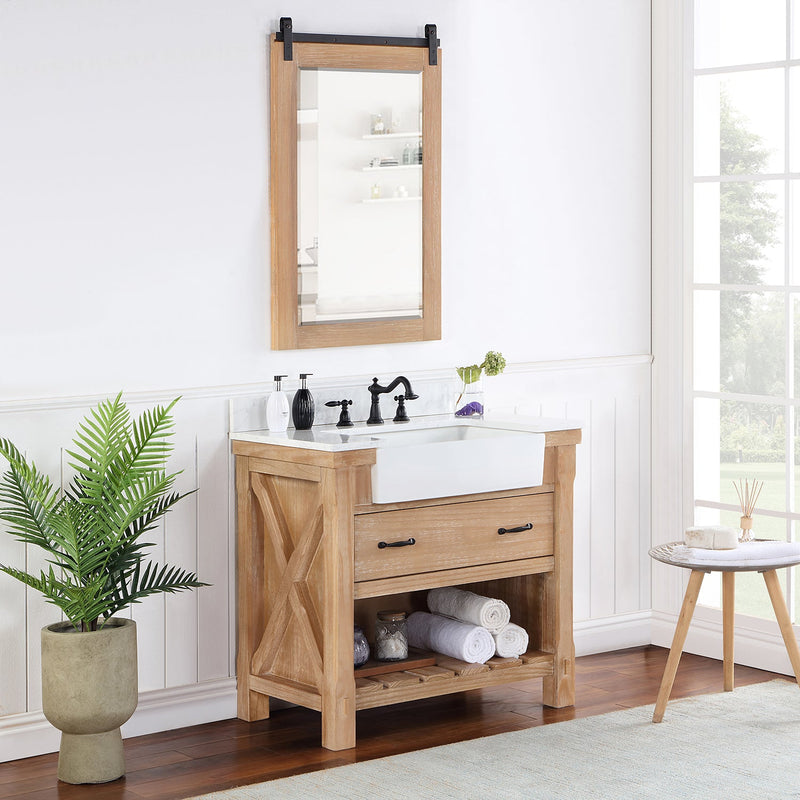 Vinnova 701636-WP-GW Villareal 36" Single Vanity in Weathered Pine with Composite Stone Top in White, White Farmhouse Basin