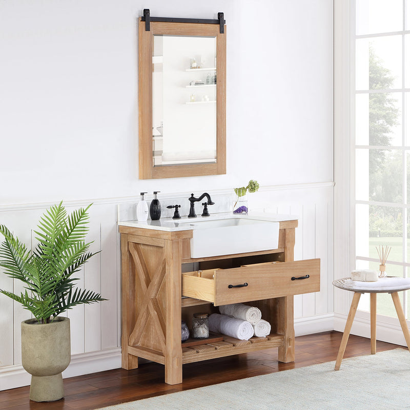 Vinnova 701636-WP-GW Villareal 36" Single Vanity in Weathered Pine with Composite Stone Top in White, White Farmhouse Basin