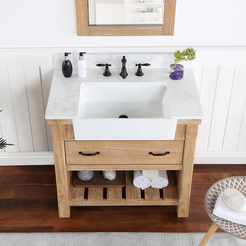 Vinnova 701636-WP-GW Villareal 36" Single Vanity in Weathered Pine with Composite Stone Top in White, White Farmhouse Basin