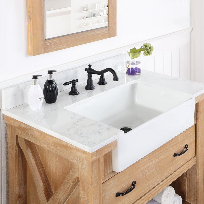 Vinnova 701636-WP-GW Villareal 36" Single Vanity in Weathered Pine with Composite Stone Top in White, White Farmhouse Basin