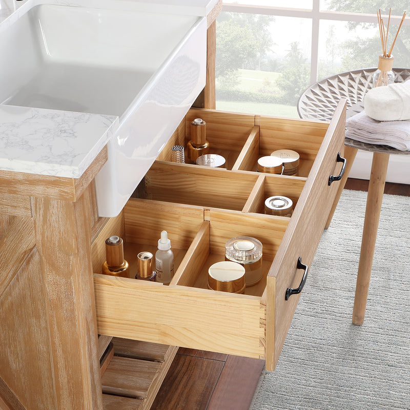 Vinnova 701636-WP-GW Villareal 36" Single Vanity in Weathered Pine with Composite Stone Top in White, White Farmhouse Basin