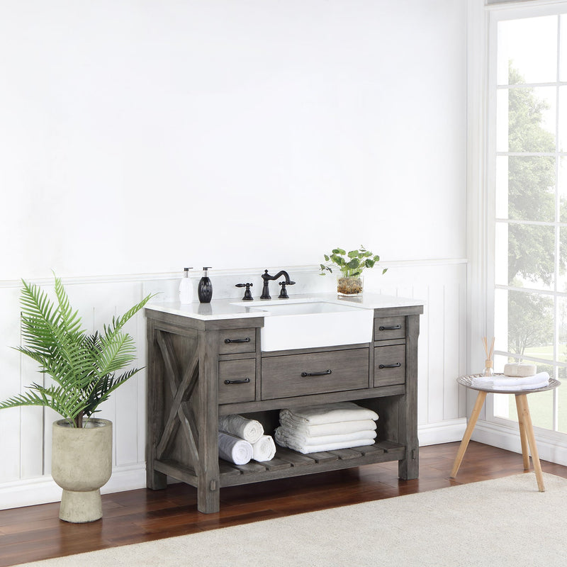 Vinnova 701648-CR-GW Villareal 48" Single Vanity in Classical Grey with Composite Stone Top in White, White Farmhouse Basin