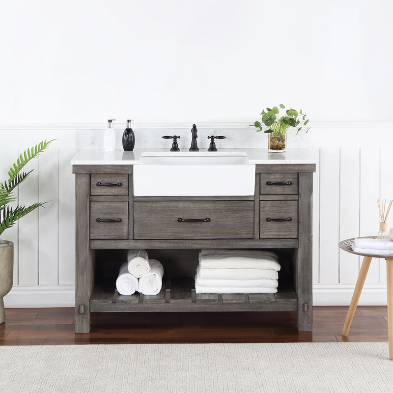 Vinnova 701648-CR-GW Villareal 48" Single Vanity in Classical Grey with Composite Stone Top in White, White Farmhouse Basin