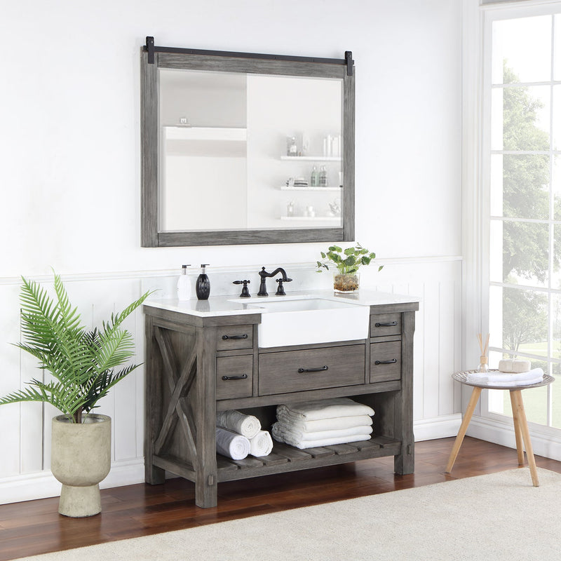 Vinnova 701648-CR-GW Villareal 48" Single Vanity in Classical Grey with Composite Stone Top in White, White Farmhouse Basin