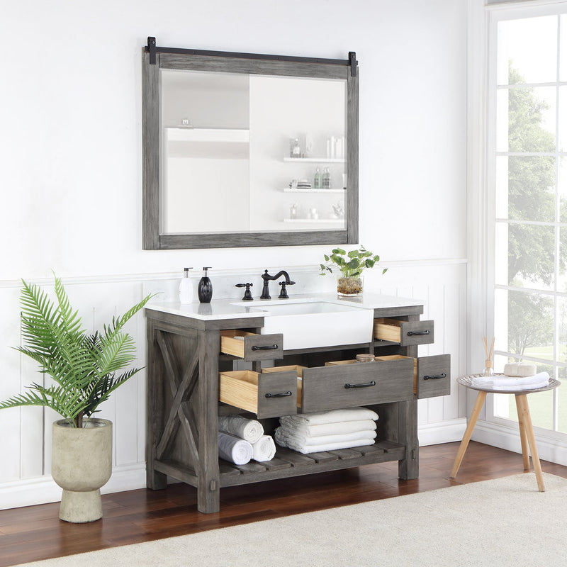 Vinnova 701648-CR-GW Villareal 48" Single Vanity in Classical Grey with Composite Stone Top in White, White Farmhouse Basin