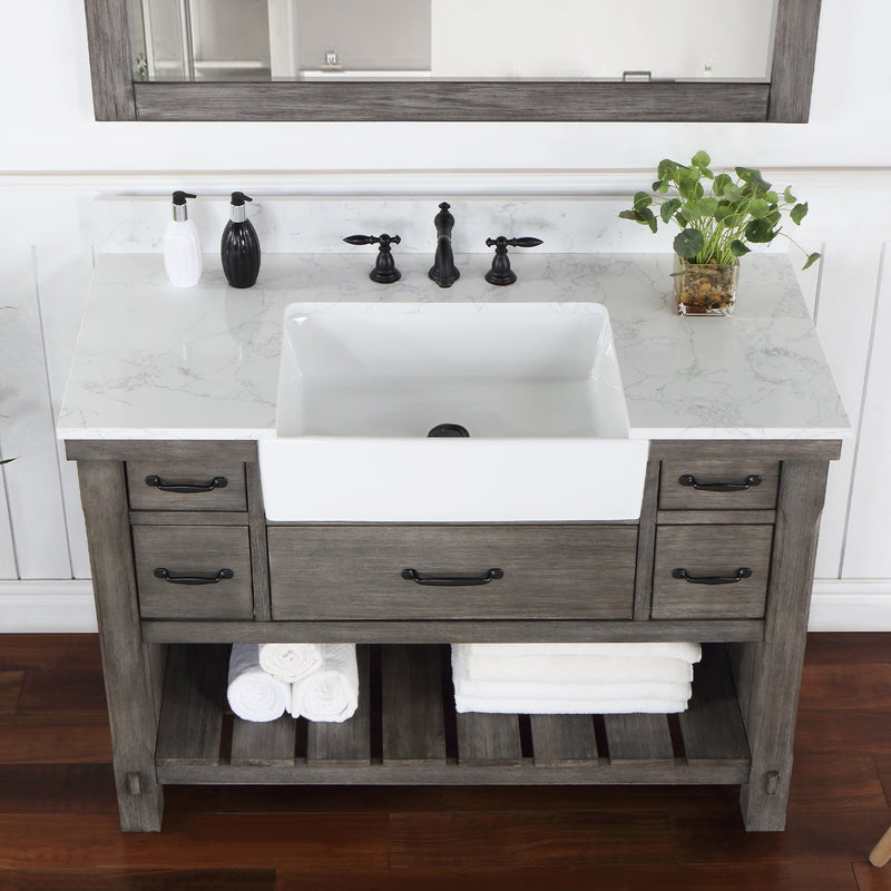 Vinnova 701648-CR-GW Villareal 48" Single Vanity in Classical Grey with Composite Stone Top in White, White Farmhouse Basin