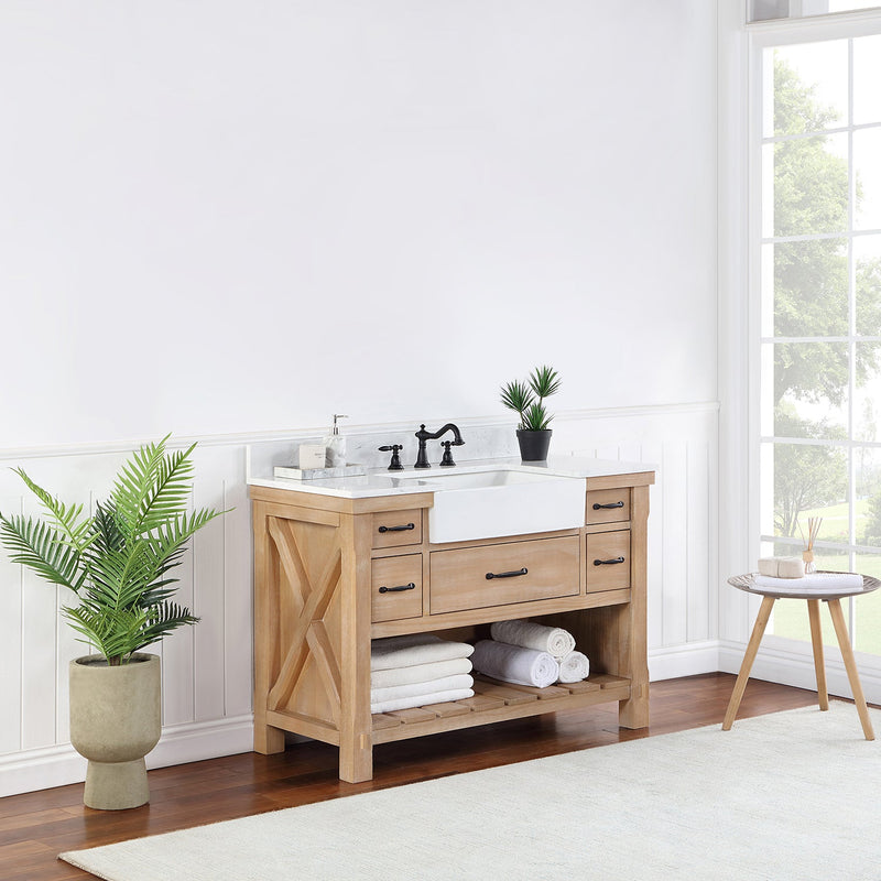 Vinnova 701648-WP-GW Villareal 48" Single Vanity in Weathered Pine with Composite Stone Top in White, White Farmhouse Basin