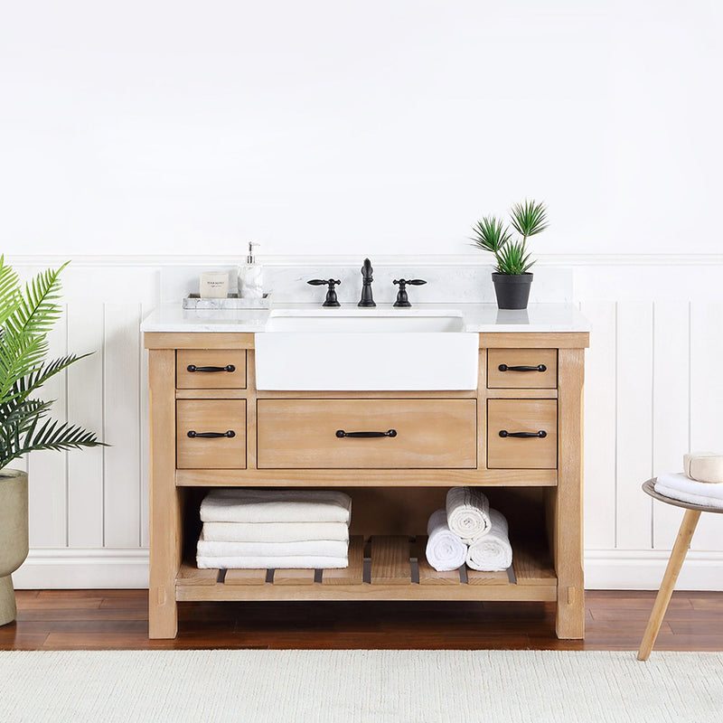 Vinnova 701648-WP-GW Villareal 48" Single Vanity in Weathered Pine with Composite Stone Top in White, White Farmhouse Basin