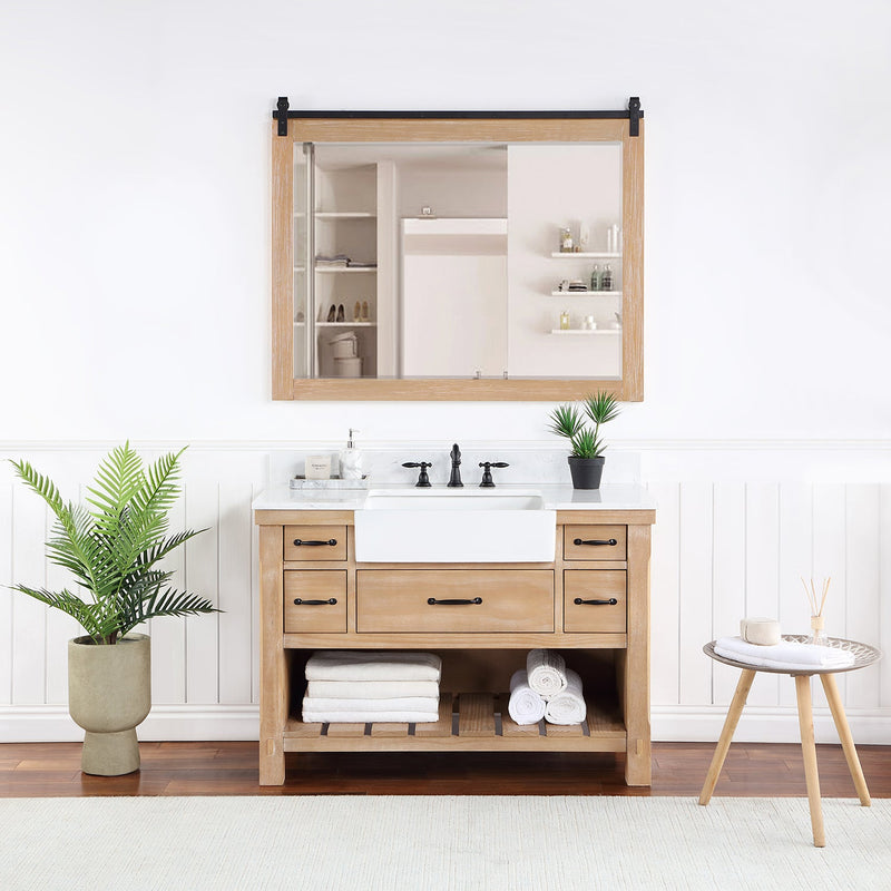 Vinnova 701648-WP-GW Villareal 48" Single Vanity in Weathered Pine with Composite Stone Top in White, White Farmhouse Basin