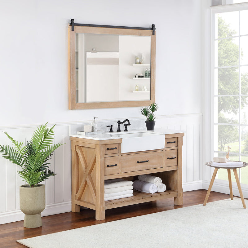 Vinnova 701648-WP-GW Villareal 48" Single Vanity in Weathered Pine with Composite Stone Top in White, White Farmhouse Basin