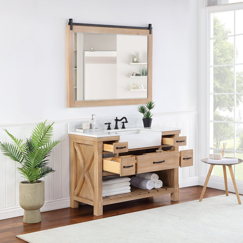 Vinnova 701648-WP-GW Villareal 48" Single Vanity in Weathered Pine with Composite Stone Top in White, White Farmhouse Basin