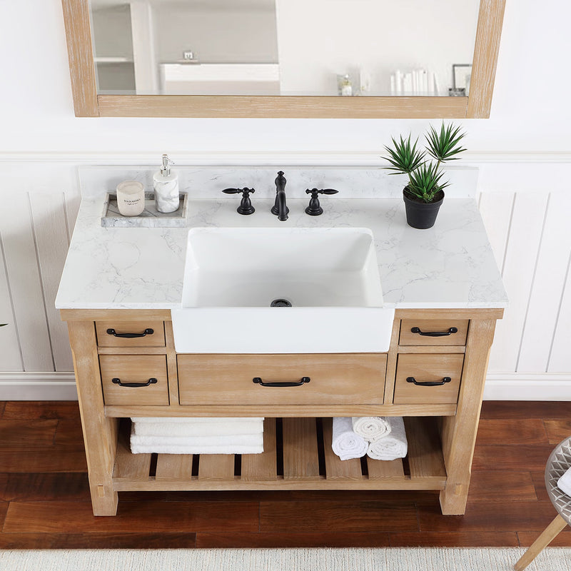 Vinnova 701648-WP-GW Villareal 48" Single Vanity in Weathered Pine with Composite Stone Top in White, White Farmhouse Basin