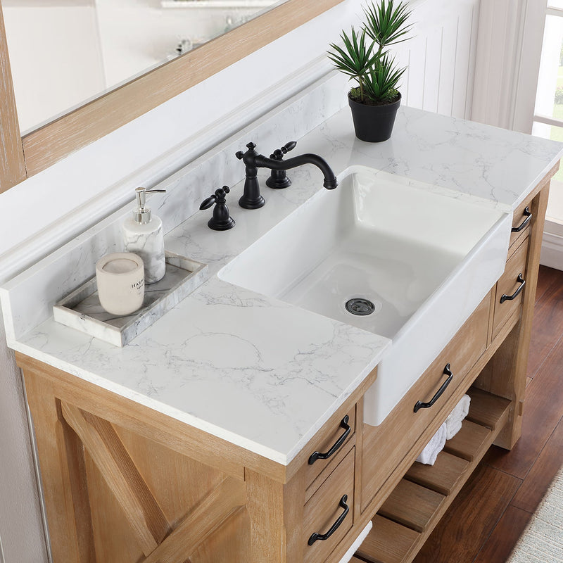 Vinnova 701648-WP-GW Villareal 48" Single Vanity in Weathered Pine with Composite Stone Top in White, White Farmhouse Basin