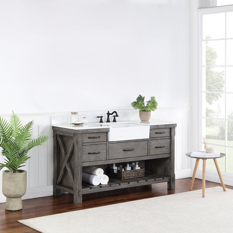 Vinnova 701660-CR-GW Villareal 60" Single Vanity in Classical Grey with Composite Stone Top in White, White Farmhouse Basin