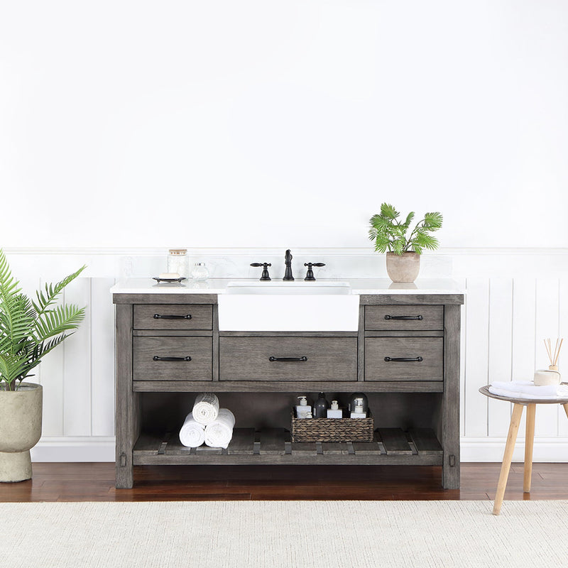 Vinnova 701660-CR-GW Villareal 60" Single Vanity in Classical Grey with Composite Stone Top in White, White Farmhouse Basin