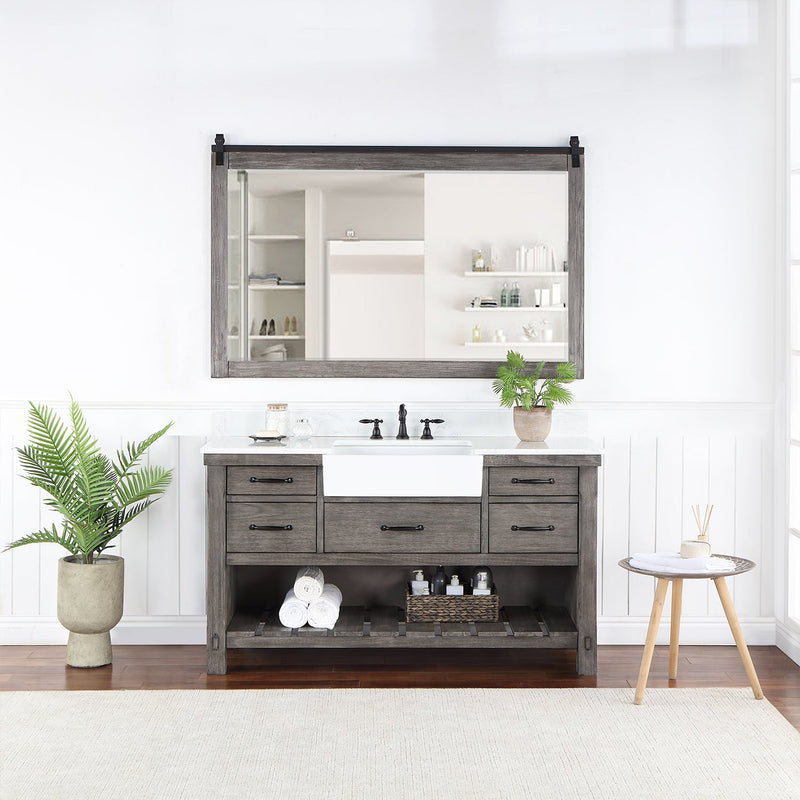 Vinnova 701660-CR-GW Villareal 60" Single Vanity in Classical Grey with Composite Stone Top in White, White Farmhouse Basin