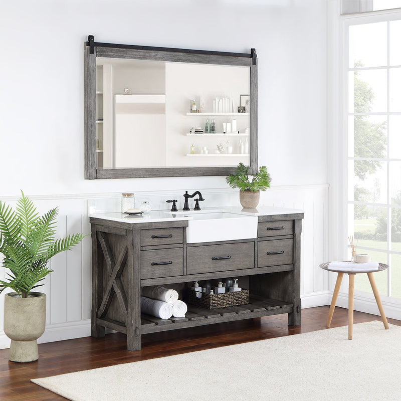 Vinnova 701660-CR-GW Villareal 60" Single Vanity in Classical Grey with Composite Stone Top in White, White Farmhouse Basin