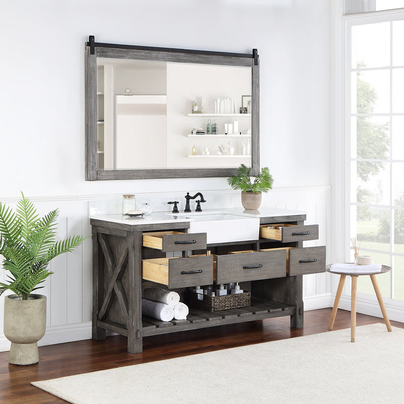 Vinnova 701660-CR-GW Villareal 60" Single Vanity in Classical Grey with Composite Stone Top in White, White Farmhouse Basin