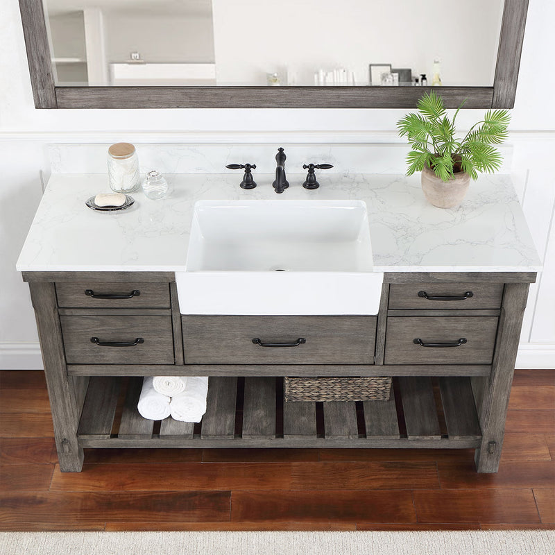 Vinnova 701660-CR-GW Villareal 60" Single Vanity in Classical Grey with Composite Stone Top in White, White Farmhouse Basin