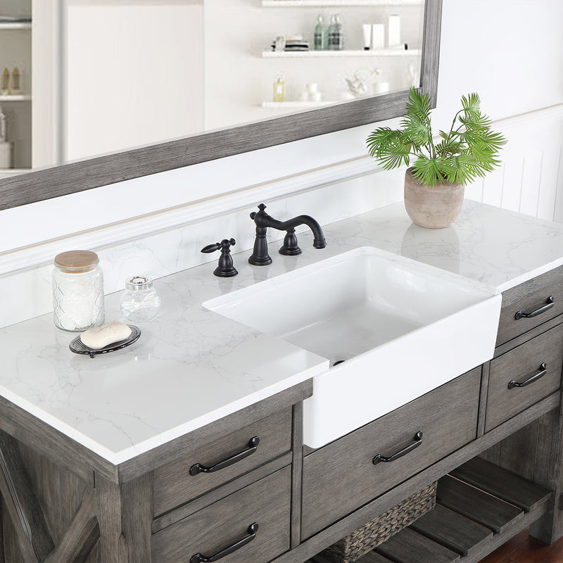 Vinnova 701660-CR-GW Villareal 60" Single Vanity in Classical Grey with Composite Stone Top in White, White Farmhouse Basin