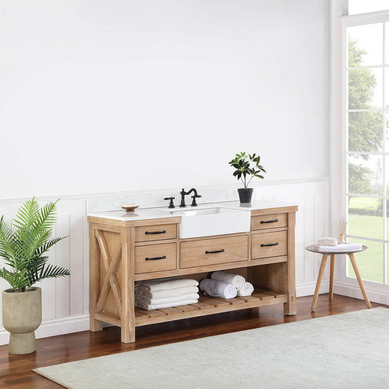 Vinnova 701660-WP-GW Villareal 60" Single Vanity in Weathered Pine with Composite Stone Top in White, White Farmhouse Basin