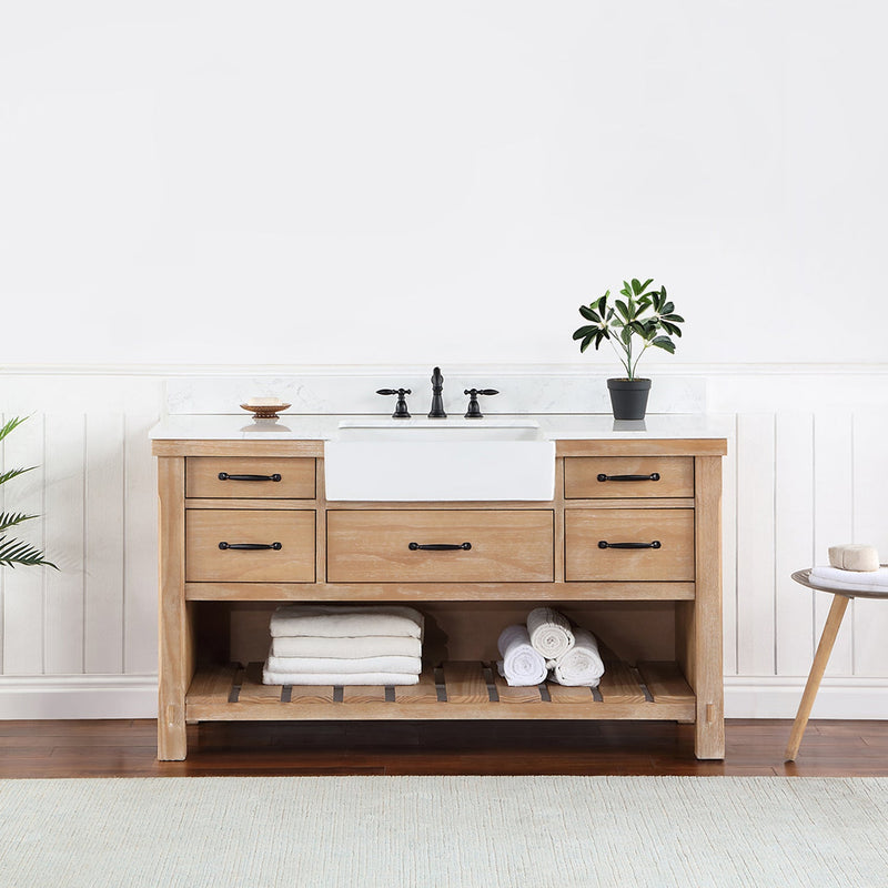 Vinnova 701660-WP-GW Villareal 60" Single Vanity in Weathered Pine with Composite Stone Top in White, White Farmhouse Basin