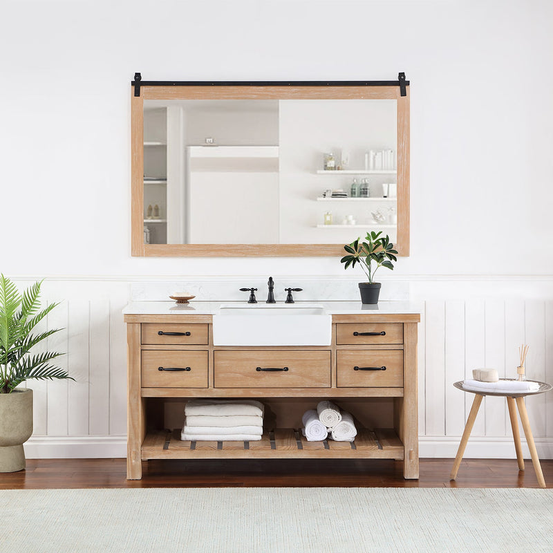 Vinnova 701660-WP-GW Villareal 60" Single Vanity in Weathered Pine with Composite Stone Top in White, White Farmhouse Basin