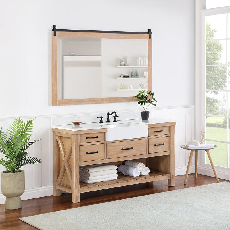 Vinnova 701660-WP-GW Villareal 60" Single Vanity in Weathered Pine with Composite Stone Top in White, White Farmhouse Basin
