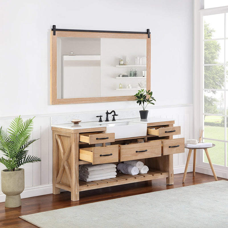 Vinnova 701660-WP-GW Villareal 60" Single Vanity in Weathered Pine with Composite Stone Top in White, White Farmhouse Basin
