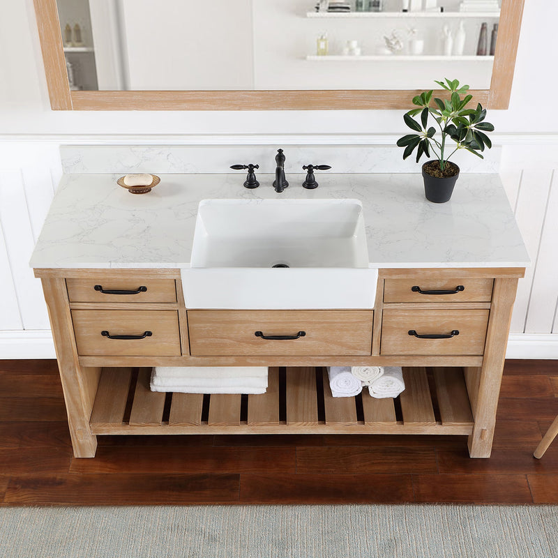 Vinnova 701660-WP-GW Villareal 60" Single Vanity in Weathered Pine with Composite Stone Top in White, White Farmhouse Basin