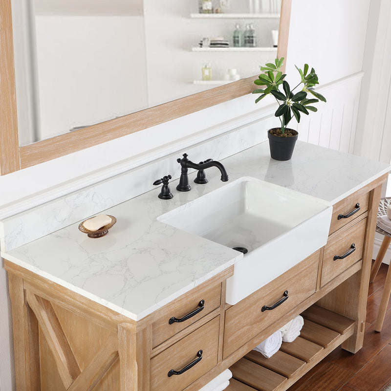 Vinnova 701660-WP-GW Villareal 60" Single Vanity in Weathered Pine with Composite Stone Top in White, White Farmhouse Basin