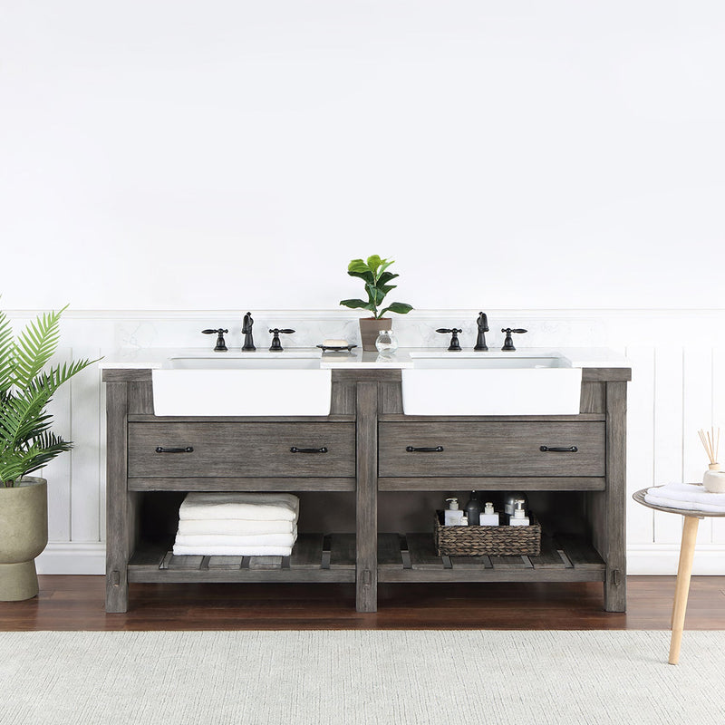 Vinnova 701672-CR-GW Villareal 72" Double Vanity in Classical Grey with Composite Stone Top in White, White Farmhouse Basin - view 2