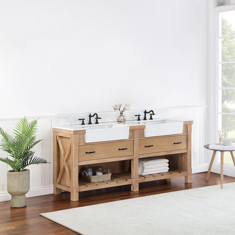 Vinnova 701672-WP-GW Villareal 72" Double Vanity in Weathered Pine with Composite Stone Top in White, White Farmhouse Basin
