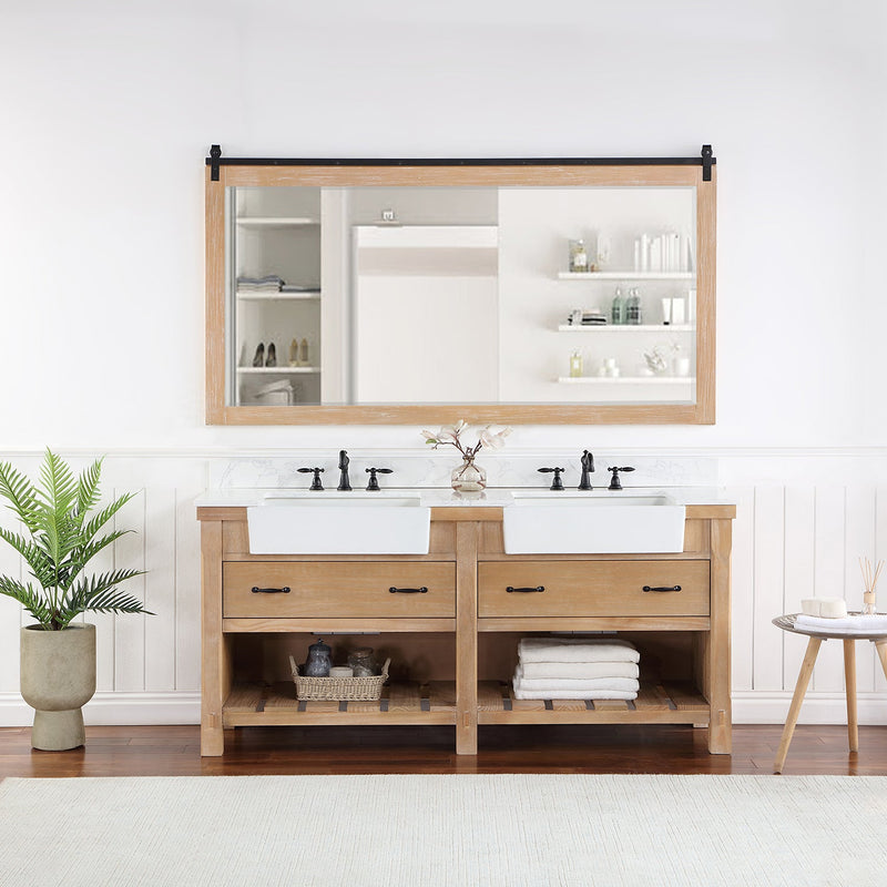 Vinnova 701672-WP-GW Villareal 72" Double Vanity in Weathered Pine with Composite Stone Top in White, White Farmhouse Basin