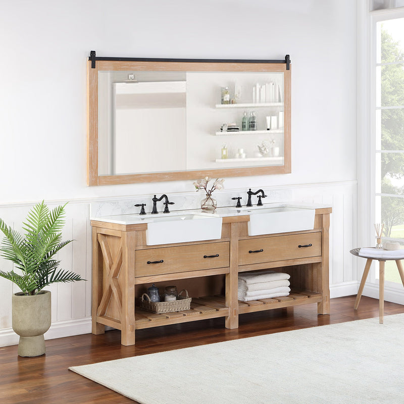 Vinnova 701672-WP-GW Villareal 72" Double Vanity in Weathered Pine with Composite Stone Top in White, White Farmhouse Basin