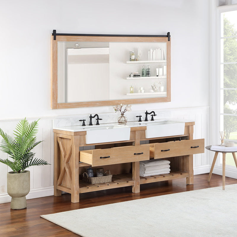 Vinnova 701672-WP-GW Villareal 72" Double Vanity in Weathered Pine with Composite Stone Top in White, White Farmhouse Basin