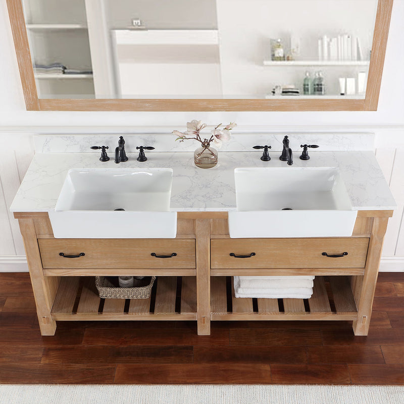 Vinnova 701672-WP-GW Villareal 72" Double Vanity in Weathered Pine with Composite Stone Top in White, White Farmhouse Basin
