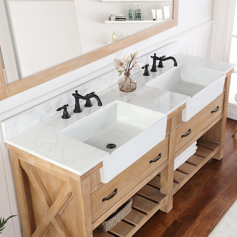 Vinnova 701672-WP-GW Villareal 72" Double Vanity in Weathered Pine with Composite Stone Top in White, White Farmhouse Basin