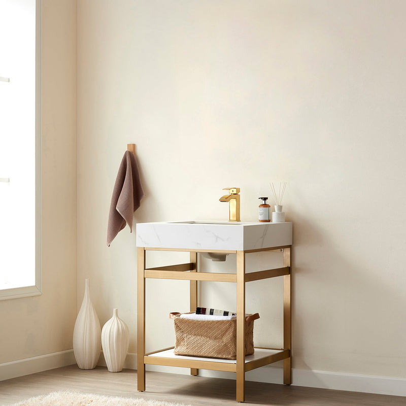 Vinnova 702524-BG-SMB Funes 24" Single Sink Bath Vanity in Brushed Gold Metal Support with White Sintered Stone Top